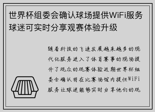 世界杯组委会确认球场提供WiFi服务球迷可实时分享观赛体验升级